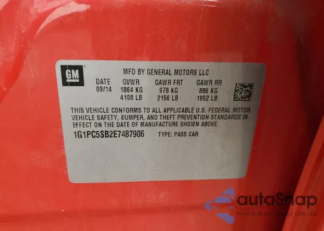 2014 Chevrolet Cruze Lt from USA, damaged, VIN 1G1PC5SB2E7487906